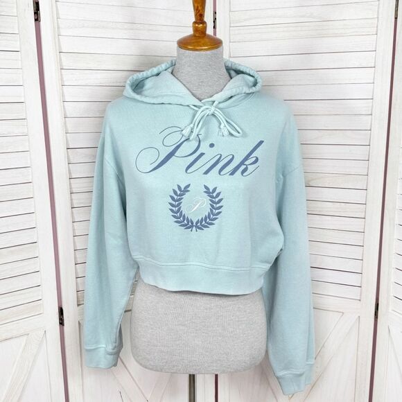 Pink Victorias Secret Everyday Fleece Logo Cropped Hoodie Sweatshirt Blue Small - Picture 1 of 11